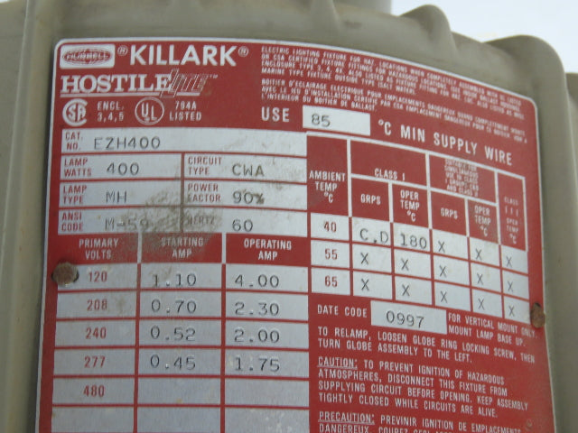 Hubbell Killark EZH400 Hostile Lite HID Metal Halide Light 400W Explosion Proof