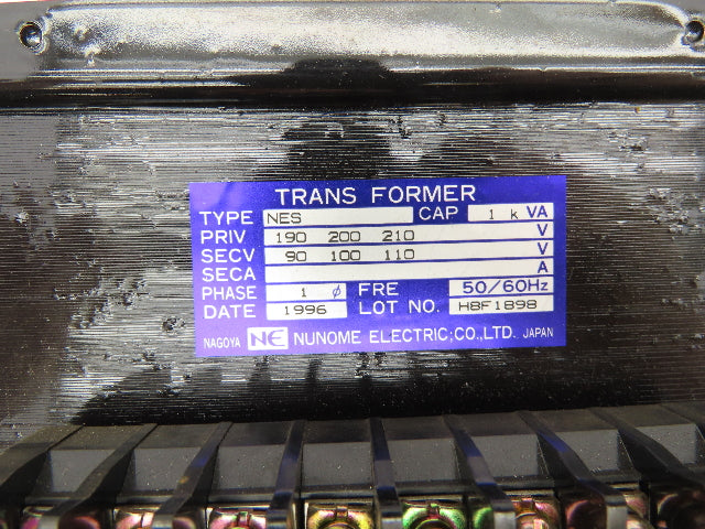 Nunome NES Industrial Transformer PRI 200/210V SEC 100/110V 1PH 1kVA