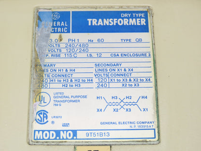 GE General Electric 9T51B13 Transformer 3kva HV 240/480V LV 120/240V 1PH