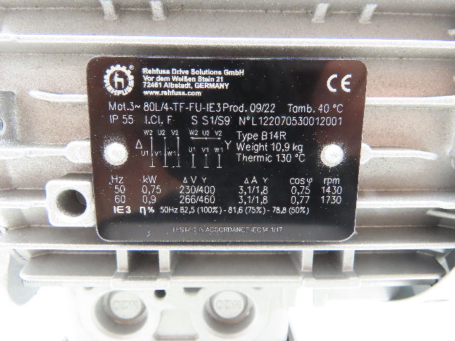 Rehfuss 80L/4-TF-FU-IE3 Gearmotor 0.9kW 230/460V 285 RPM 3PH Hollow Shaft