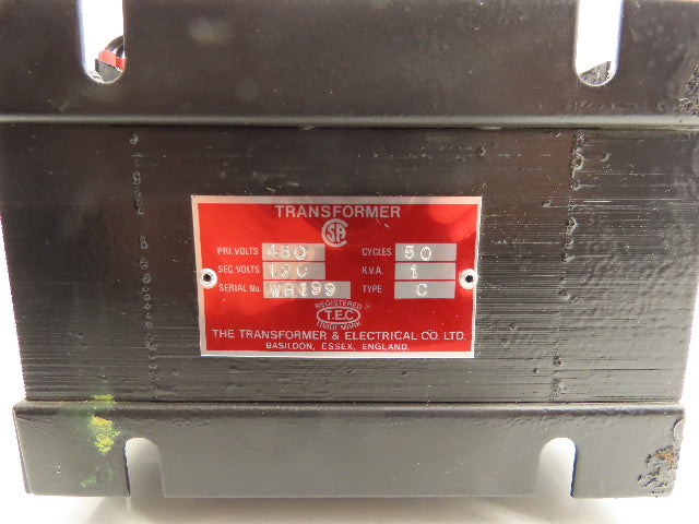 Transformer & Electric Co. Power Control Transformer 1KVA 480V To 180V Step-Down