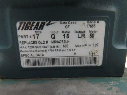 Reliance Dodge Tigear Gearmotor 1Hp 460V 3PH 15:1 Reducer 115 RPM Dual Shaft 56C