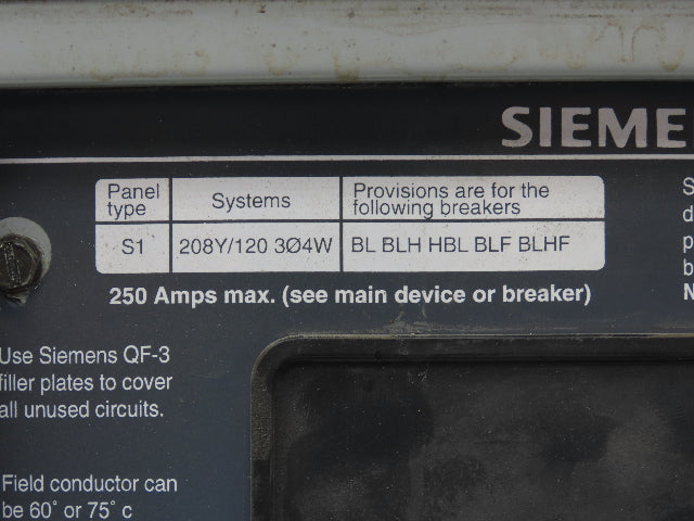 Siemens S1C30QJ200CTS Load Center Panel Board 250A 208Y/120V 3Ph 4W Main Breaker
