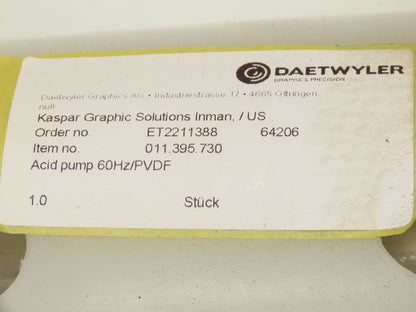 Daetwyler PVDF Acid Chemical Pump Centrifugal Suction 2.5x3" MPT 2.6kw 460V 3PH