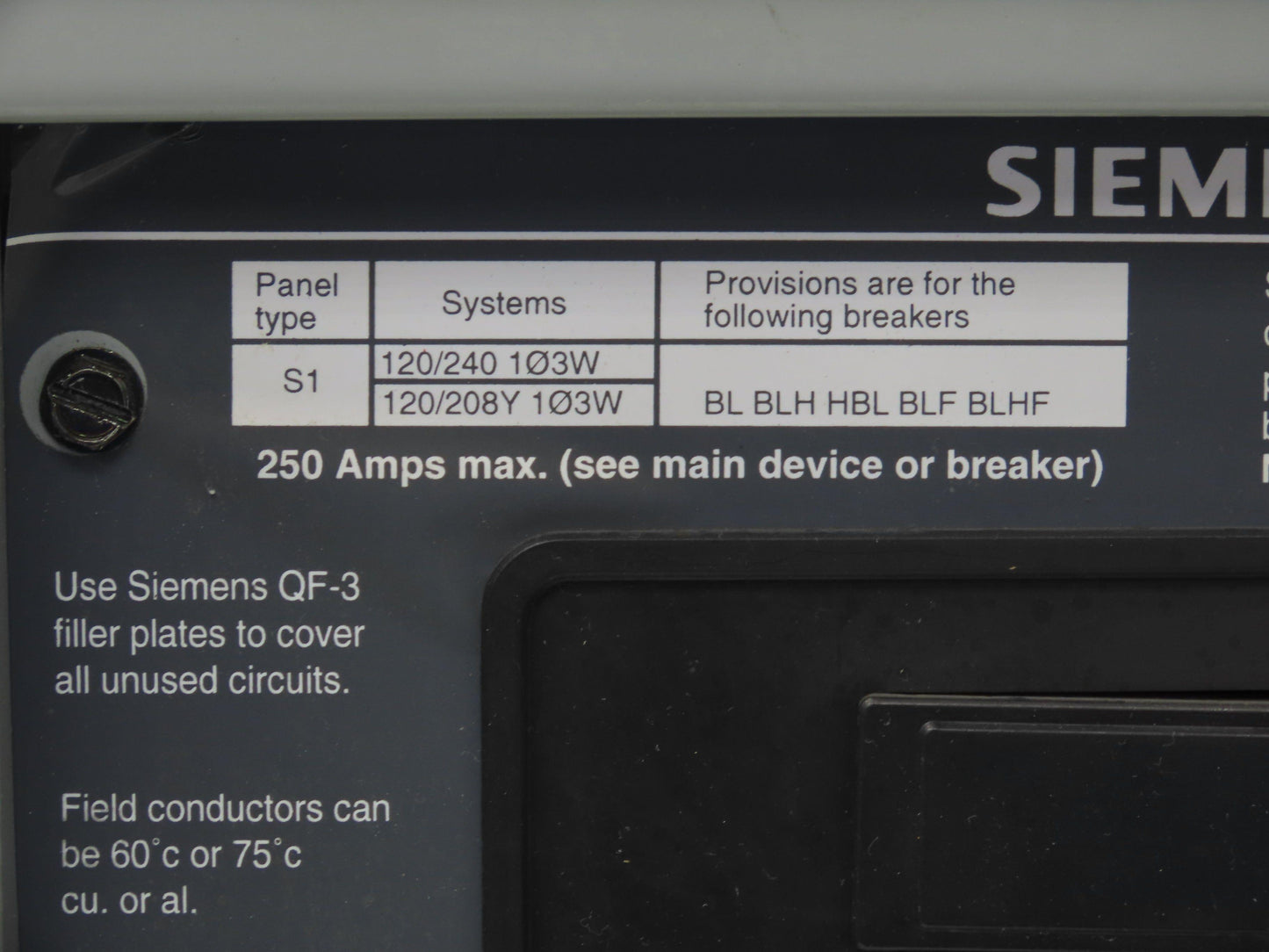 Siemens S1A18BL100CTS Load Center Panel Board 250A 240V 1Ph 100A Main Breaker