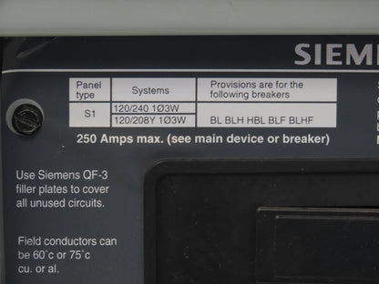 Siemens S1A18BL100CTS Load Center Panel Board 250A 240V 1Ph 100A Main Breaker