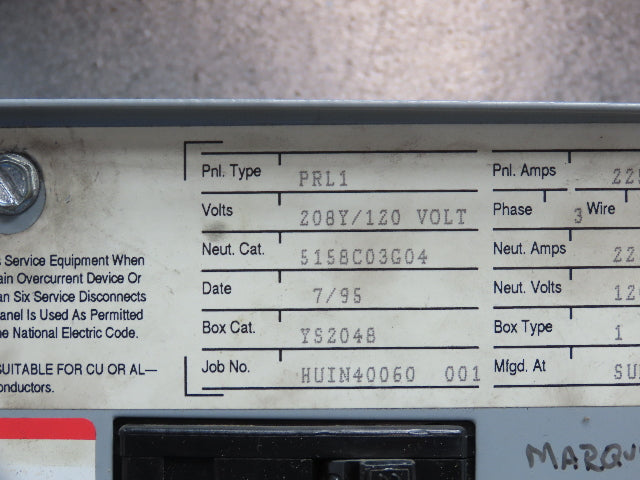 Cutler Hammer PRL1 Pow-R-Line Panelboard 250A Main Breaker 208Y/120V 3Ph 4W