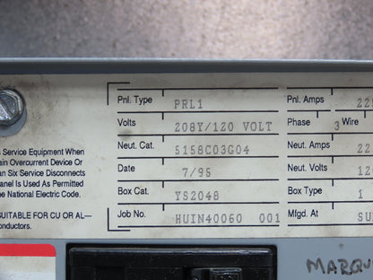 Cutler Hammer PRL1 Pow-R-Line Panelboard 250A Main Breaker 208Y/120V 3Ph 4W