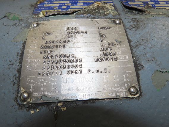 Westinghouse 444 Electric Motor 100Hp 445USY 220/440V 3Ph 1185RPM Dual Shaft