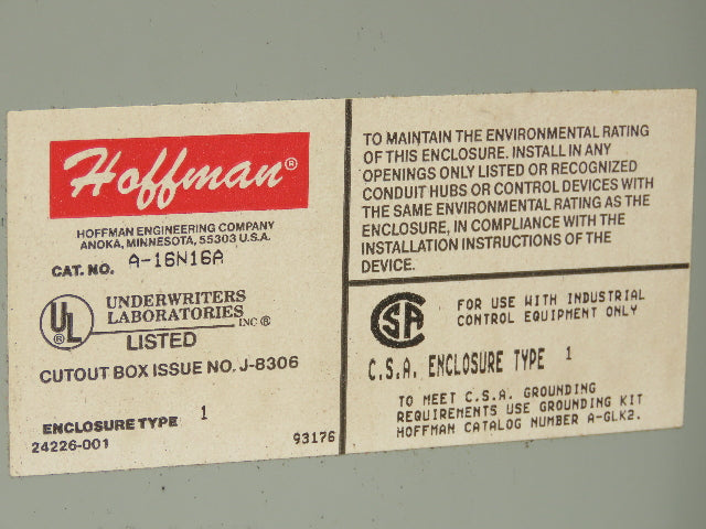 Hoffman A-16N16A Wall Mount Electrical Enclosure 16x16" NEMA Type 1 Lot of 2