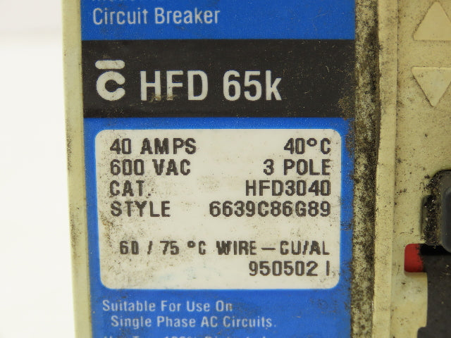 Westinghouse HFD3040 Industrial Circuit Breaker 40 Amp 600V 3 Pole