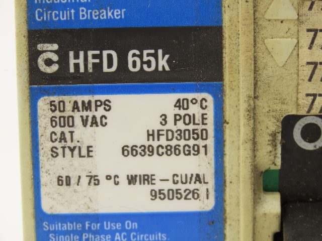 Westinghouse HFD3050 Industrial Circuit Breaker 50 Amp 600V 3 Pole