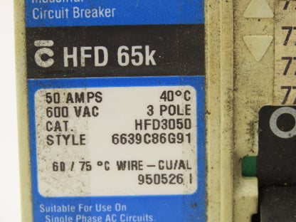 Westinghouse HFD3050 Industrial Circuit Breaker 50 Amp 600V 3 Pole