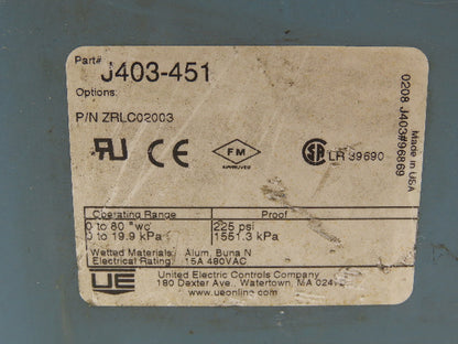 United Electric J403-451 Pressure Switch 80" WC 225PSI Max 3 Pole Relay