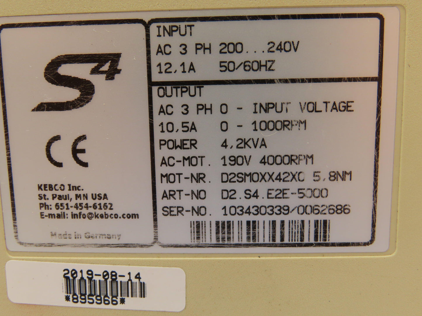 Kebco Combivert D2.S4.E2E-5000 Servo Drive S4 240V 12,1A 3Ph 4.2KVA 4000RPM
