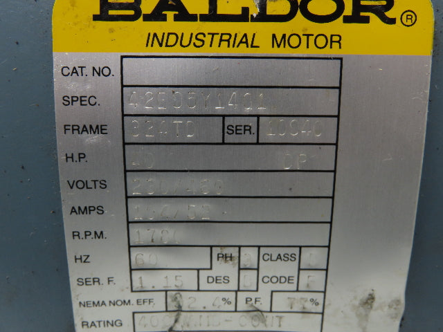 Baldor 42E95Y14G1 Electric Motor 40Hp 3Ph 460V 324TD Face Mount 1760RPM