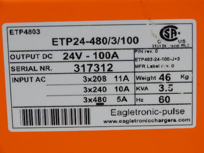 Eagletronic Pulse ETP24-480/3/100 Forklift Battery Charger 24V 100A 240/480V 3Ph