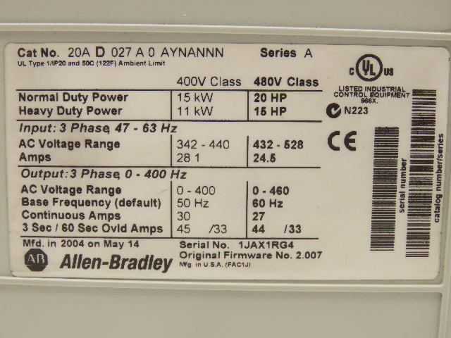 Allen Bradley 20AD027A0AYNANNN Powerflex 70 VFD Variable Speed Drive 480V 20Hp