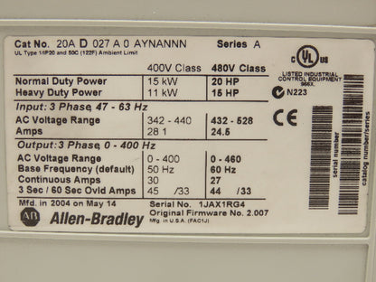 Allen Bradley 20AD027A0AYNANNN Powerflex 70 VFD Variable Speed Drive 480V 20Hp