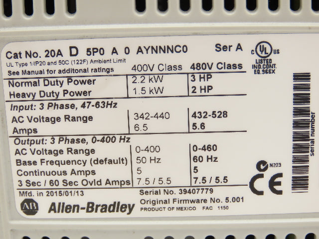 Allen Bradley 20AD5P0A0AYNNNC0 PowerFlex 70 Variable AC Drive VFD 3Hp 480V 3PH