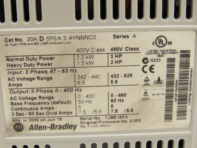 Allen Bradley 20AD5P0A3AYNNNC0 PowerFlex 70 Variable AC Drive VFD 3Hp 480V 3PH