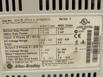 Allen Bradley 20AD5P0A3AYNNNC0 PowerFlex 70 Variable AC Drive VFD 3Hp 480V 3PH