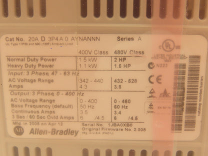 Allen Bradley 20AD3P4A0AYNANNN PowerFlex 70 Variable AC Drive VFD 2Hp 480V 3PH