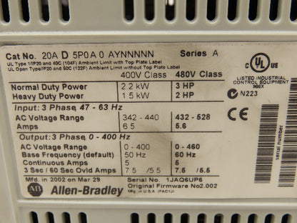 Allen Bradley 20AD5P0A0AYNNNNN PowerFlex 70 Variable AC Drive VFD 3Hp 480V 3PH