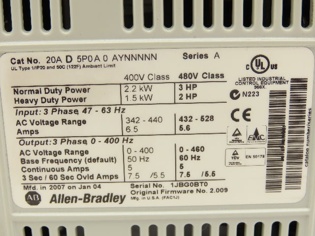 Allen Bradley 20AD5P0A0AYNNNNN PowerFlex 70 Variable AC Drive VFD 3Hp 480V 3PH