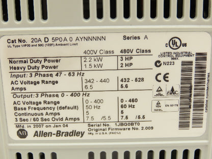 Allen Bradley 20AD5P0A0AYNNNNN PowerFlex 70 Variable AC Drive VFD 3Hp 480V 3PH