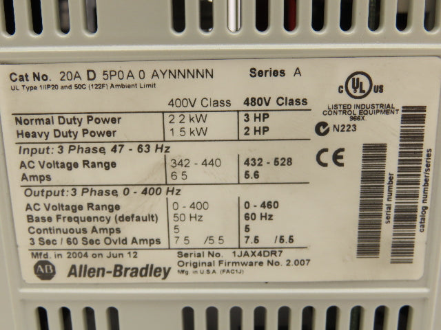 Allen Bradley 20AD5P0A0AYNNNNN PowerFlex 70 Variable AC Drive VFD 3Hp 480V 3PH