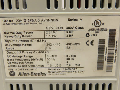 Allen Bradley 20AD5P0A0AYNNNNN PowerFlex 70 Variable AC Drive VFD 3Hp 480V 3PH