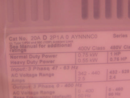 Allen Bradley 20AD2P1A0AYNNNC0 PowerFlex 70 Variable AC Drive VFD 1Hp 480V 3Ph