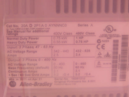 Allen Bradley 20AD2P1A0AYNNNC0 PowerFlex 70 Variable AC Drive VFD 1Hp 480V 3Ph