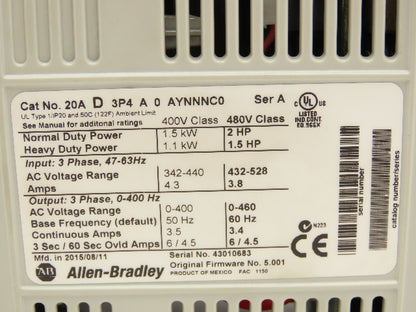 Allen Bradley 20AD3P4A0AYNNNC0 PowerFlex 70 Variable AC Drive VFD 2Hp 480V 3Ph