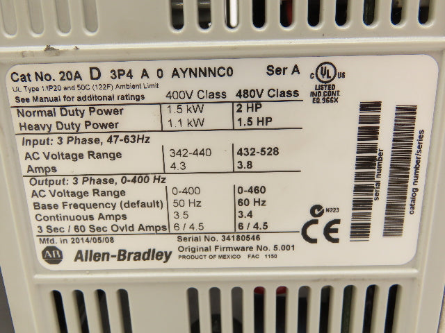 Allen Bradley 20AD3P4A0AYNNNC0 PowerFlex 70 Variable AC Drive VFD 2Hp 480V 3Ph