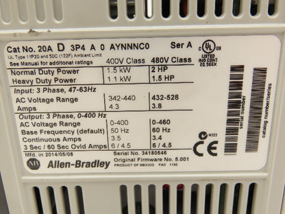 Allen Bradley 20AD3P4A0AYNNNC0 PowerFlex 70 Variable AC Drive VFD 2Hp 480V 3Ph