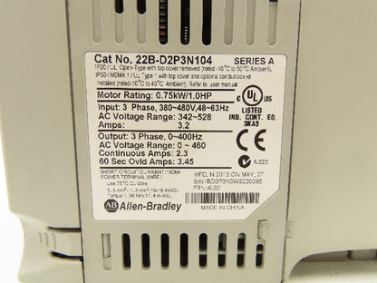 Allen Bradley 22B-D2P3N104 Powerflex 40 VFD AC Drive 0.75kw 1Hp 480V 3Ph