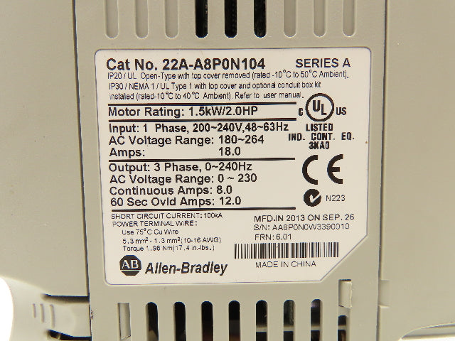 Allen Bradley 22A-A8P0N104 PowerFlex 4 Variable AC Drive VFD 2Hp 240V 1PH Input