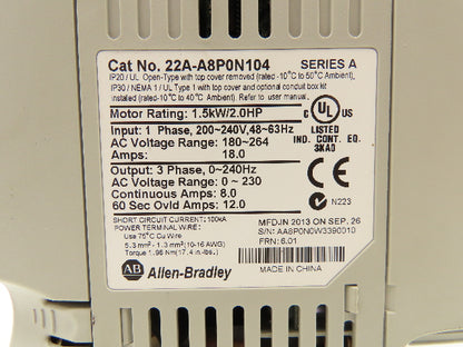 Allen Bradley 22A-A8P0N104 PowerFlex 4 Variable AC Drive VFD 2Hp 240V 1PH Input