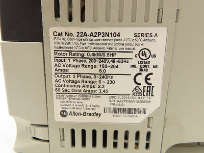 Allen Bradley 22A-A2P3N104 PowerFlex 4 AC Drive Variable VFD .5Hp 230V 1PH Input