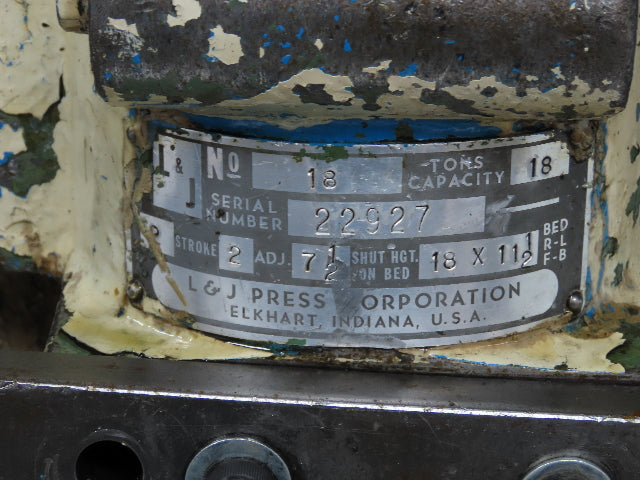 L&J No 18 Mechanical OBI Punch Press 18 Ton 2" Stroke 6" Throat 1.5Hp 3Ph