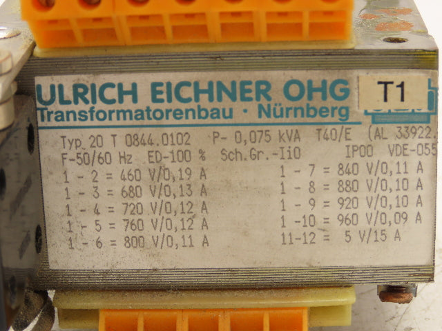 Ulrich Eichner Type 20 T 0844.0102 Transformer 75VA HV 460V-960V LV 5V 50/60Hz