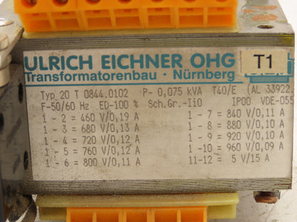 Ulrich Eichner Type 20 T 0844.0102 Transformer 75VA HV 460V-960V LV 5V 50/60Hz