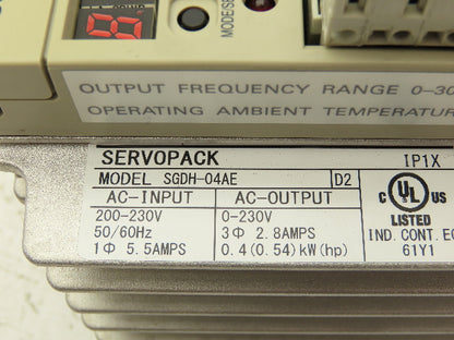 Yaskawa SGDH-04AE Servo Drive Servopack 200-230VAC  5.5A O.54HP 3PH Ser.D2