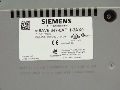 Siemens 6AV6647-0AF11-3AX0 Simatic KTP1000 HMI 10" Touch Control Panel