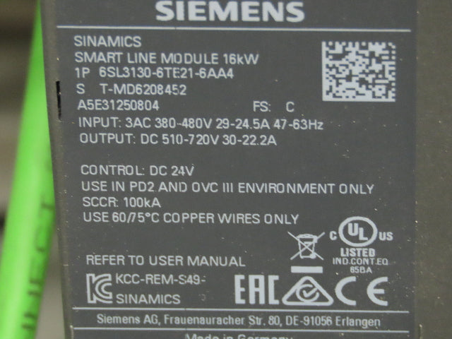 Siemens Sinamics Smart Line Servo Motor Control Panel 30A 480V Hoffman Enclosure