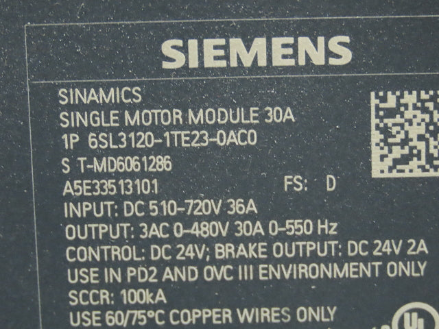 Siemens Sinamics Smart Line Servo Motor Control Panel 30A 480V Hoffman Enclosure