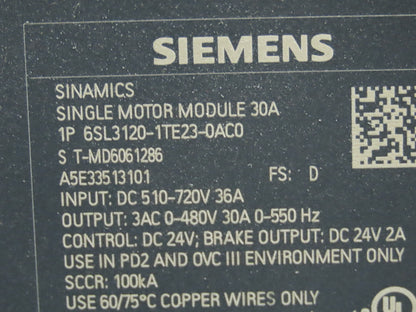 Siemens Sinamics Smart Line Servo Motor Control Panel 30A 480V Hoffman Enclosure