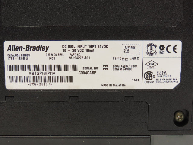 Allen Bradley 1756-IB161 DC Isolated Input Module 16PT REV K01 F/W REV 2.2 Ser A